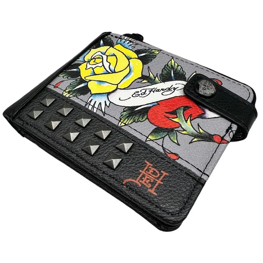 Ed Hardy Men's Pyramid Stud Printed Snap Closure Bifold Wallet